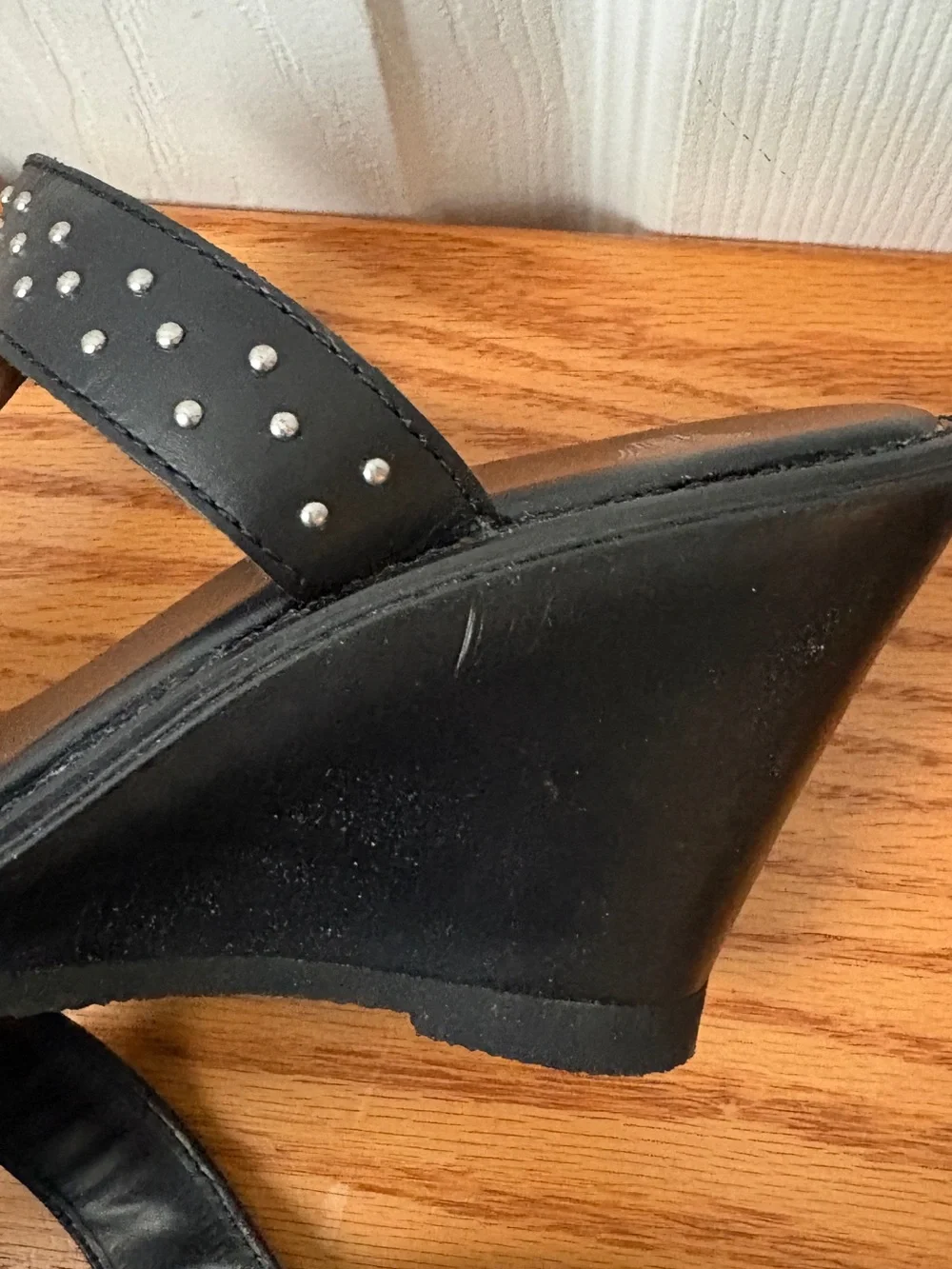 🆕HARLEY-DAVIDSON Black Leather Studded Moto Biker Strappy Ring Wedge Sandals 7.5